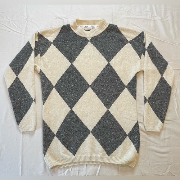 Vintage Sweaters - Vintage Accordeon Silk Angora Lambswool Sweater Women Sz Medium Diamond Pattern